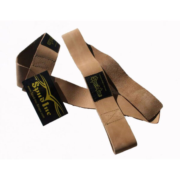 A pair of Spud Inc LEATHER Wrist Straps in beige leather features black and yellow branded labels. The straps on a white background highlight stitching details and texture.