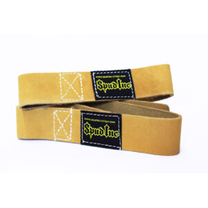 Two tan Spud Inc LEATHER Wrist Straps with reinforced stitching are shown on a plain white background, featuring black and yellow labels that read Spud Inc.