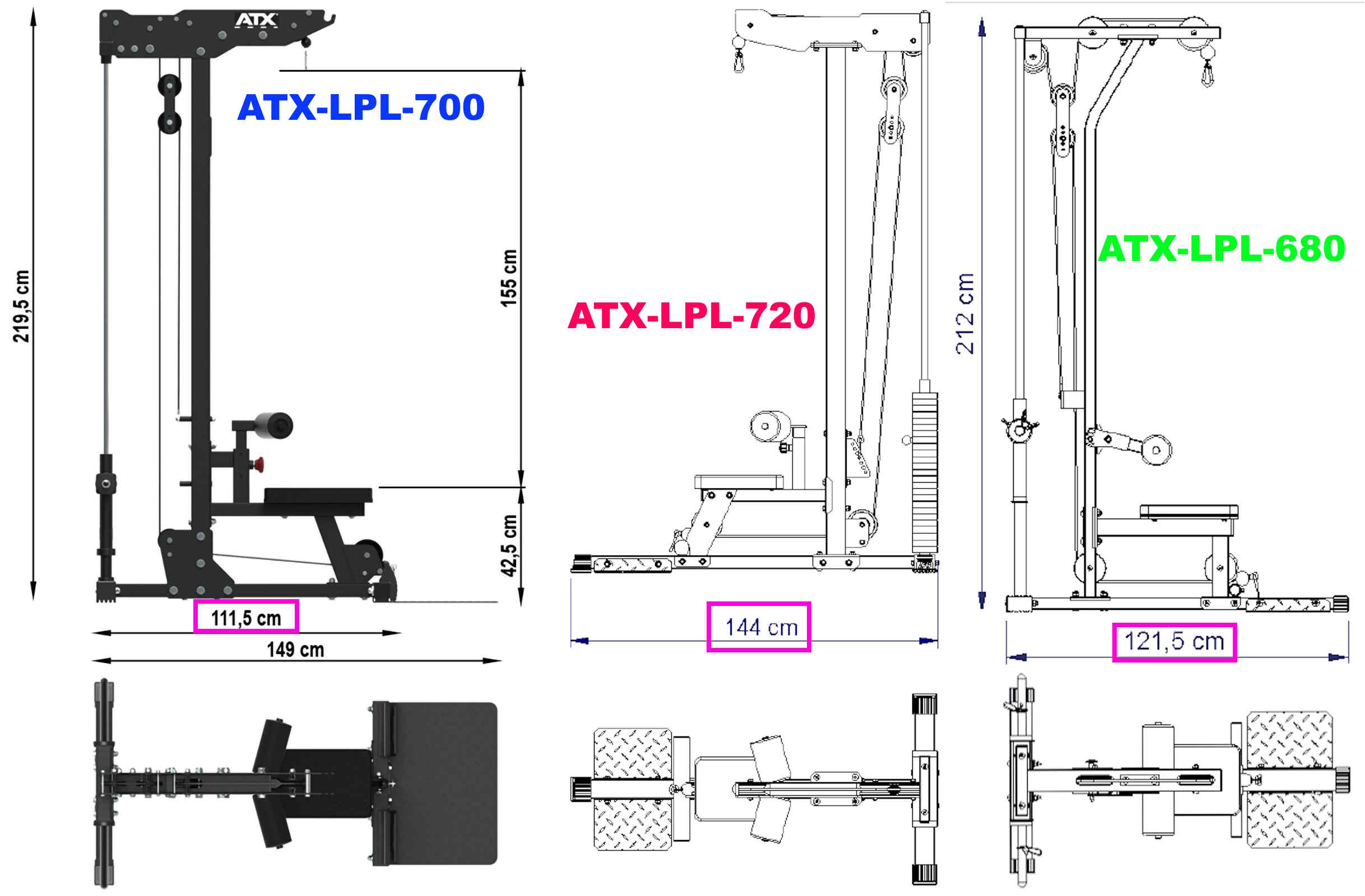 Diagram showcasing specifications of three workout machines: ATX-LPL-700, ATX-LPL-720, and the versatile Lat Pulldown and Row Machine, ATX-LPL-680. Various views display dimensions in centimeters, including height and base measurements.