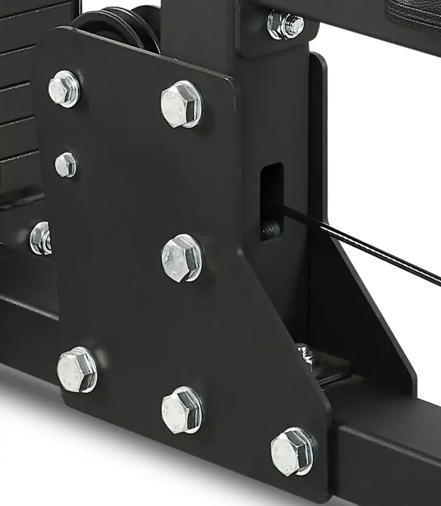 Close-up of a black metal component on a lat pulldown and row machine, featuring several large silver bolts and a visible cable. The design is industrial with a sturdy appearance, ideal for fitness equipment used in strength training.