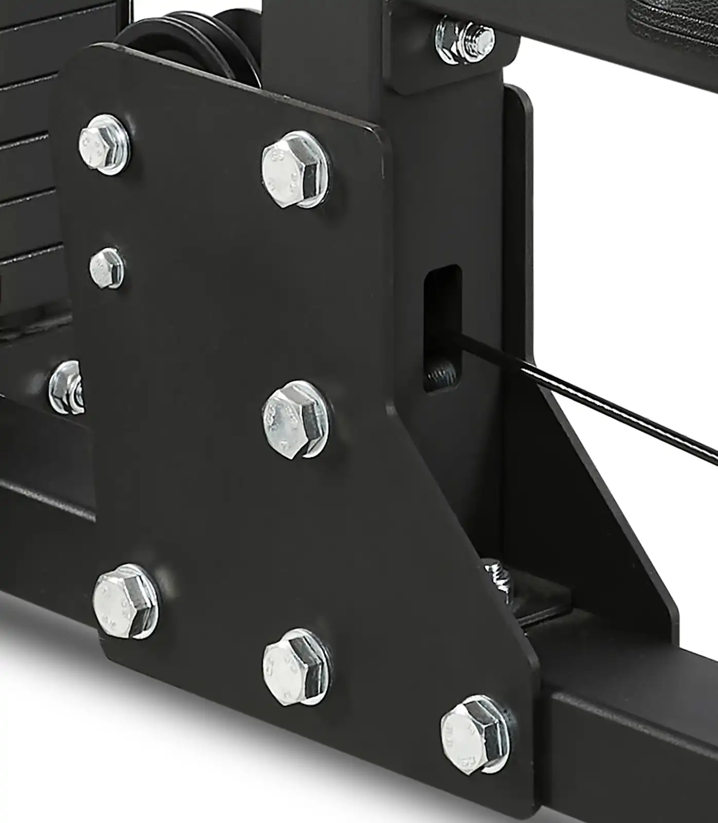 Close-up of a black metal component on a lat pulldown and row machine, featuring several large silver bolts and a visible cable. The design is industrial with a sturdy appearance, ideal for fitness equipment used in strength training.