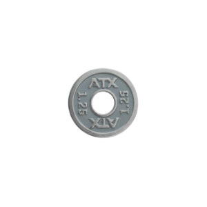 A small ATX® Powerlifting Metal Plate, gray and calibrated, with ATX and 1.25 kg engraved on its surface, features a central circular hole for precise training setups.