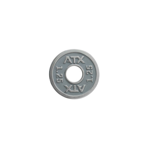 A small ATX® Powerlifting Metal Plate, gray and calibrated, with ATX and 1.25 kg engraved on its surface, features a central circular hole for precise training setups.