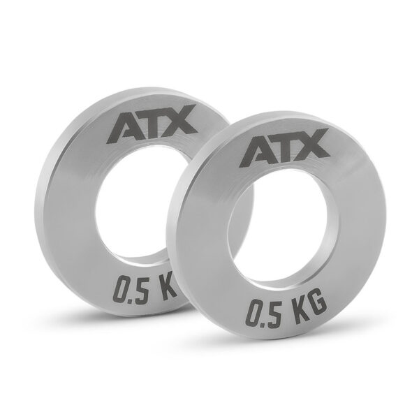 Two ATX® Olympic Fractional Plate Pairs, each weighing 0.5 kg, are positioned upright against a white background.