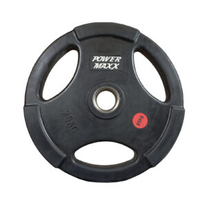 A black Power Maxx Olympic Plate featuring POWER MAXX with two large grip holes, marked 25 KG in black and red.