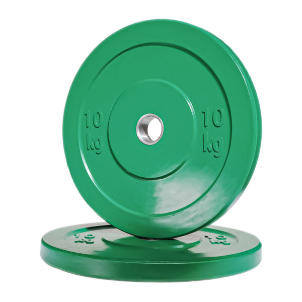 Two black 10 kg Olympic Bumper Weight Plates with central metal holes, one standing upright and the other flat on the surface.