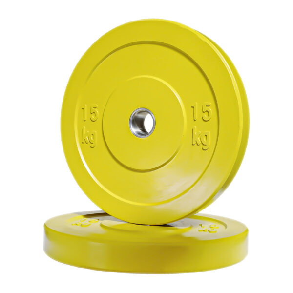 Two black Olympic bumper weight plates (15 kg) are shown on a white background: one upright, one flat, each with a visible central hole for barbell mounting.