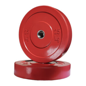 Two black Olympic Bumper Weight Plates (25 kg each), one upright and the other lying flat, against a white background.