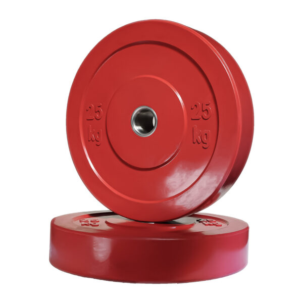 Two black Olympic Bumper Weight Plates (25 kg each), one upright and the other lying flat, against a white background.