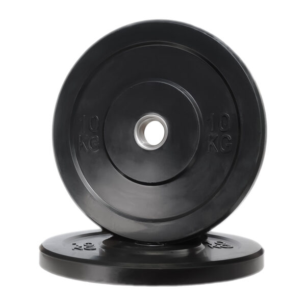 Two Black Olympic Bumper Weight Plates (10 kg), one upright and the other flat, set against a white background.