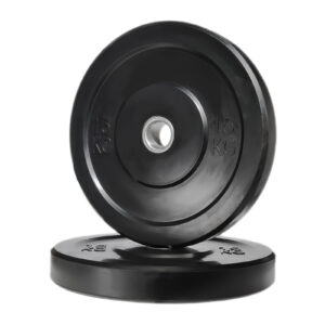 Two Black Olympic Bumper Weight Plates (15kg each) are displayed: one stands upright, while the other lies flat on the ground.