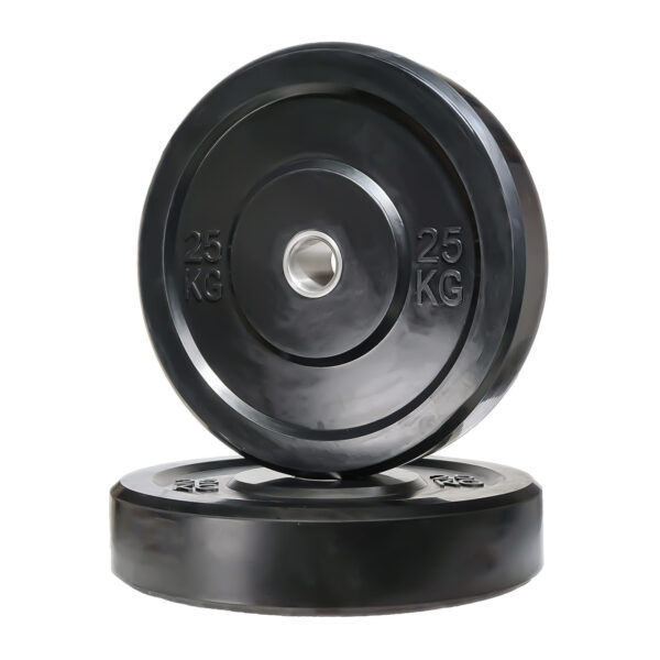 Two large Black Olympic Bumper Weight Plates are shown, each with 25 KG. One is upright, the other flat, both featuring a small central hole for a barbell.