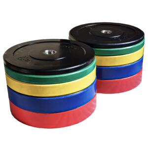 Two stacks of Coloured Olympic Bumper Weight Plates, ranging from 5kg to 25kg, in red, blue, yellow, green, and black for weightlifting and gym use on a white background.