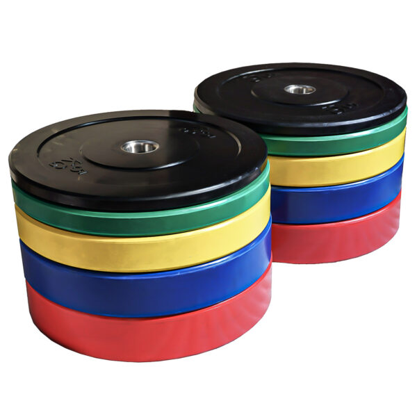 Two stacks of Coloured Olympic Bumper Weight Plates, ranging from 5kg to 25kg, in red, blue, yellow, green, and black for weightlifting and gym use on a white background.