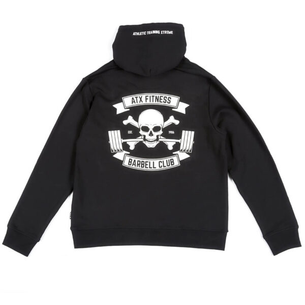 ATX® Black Hoodie features a back design with a skull, crossed bones, and barbells. Text reads ATX Fitness Barbell Club with Athletic Training Xtreme on the sleeves.