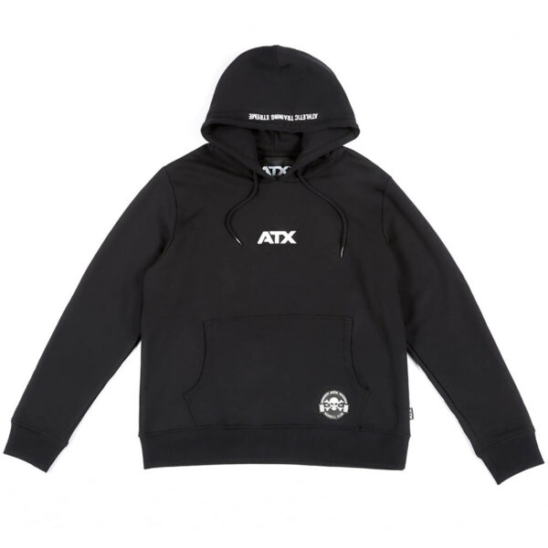 The ATX® Black Hoodie features ATX on the front center, Imperial Universal Cultivator on the hood, a front pocket, and a small skull graphic near the lower right hem.