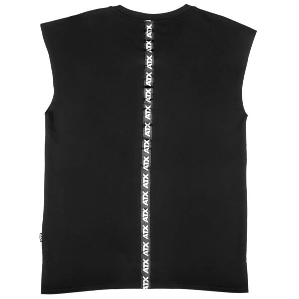The ATX® Muscle Shirt is a sleeveless black top that showcases a vertical stripe with a repeating white logo down the center of the back and features a simple, modern design with a round neckline.