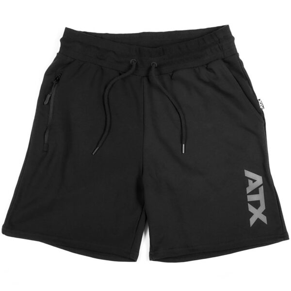 ATX® Black Shorts with an elastic waistband, drawstring, zippered side pockets, and AXX in light gray on one leg.