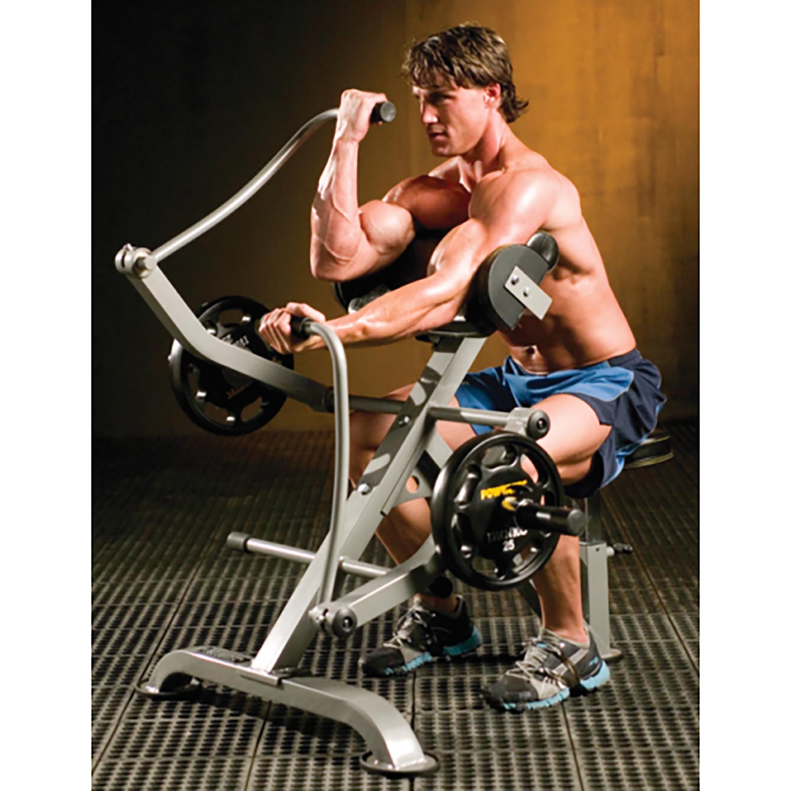Powertec Leverage Arm Curl with a man demonstrating the independent lever arms.