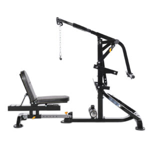 The Powertec Compact LeverGym offers a sleek black and silver design, featuring a bench for seated exercises, a versatile pulley system, and an adjustable incline. Ideal for weight training and strength exercises, this home gym machine blends efficiency with style.