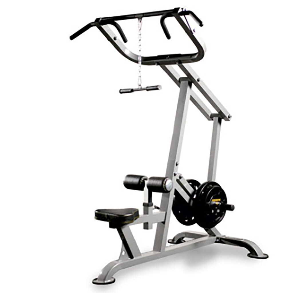 The Powertec Leverage Lat Pulldown machine features a gray seat, padded bench, foot rollers, and a pull-down bar connected to adjustable weight plates. Its sturdy frame includes a black grip handle designed for effective exercise sessions.