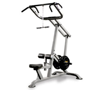 The Powertec Leverage Lat Pulldown machine features a gray seat, padded bench, foot rollers, and a pull-down bar connected to adjustable weight plates. Its sturdy frame includes a black grip handle designed for effective exercise sessions.