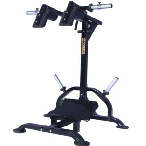 The Powertec Leverage Squat Machine features padded shoulder supports, a foot platform, and weight plate holders, all designed for effective strength training exercises.
