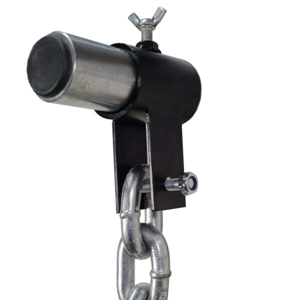 Close-up of the Barbell Chain Set with Olympic Collar 12kg - 60kg showing a heavy-duty metal chain attached to a sturdy black bracket, featuring a cylindrical silver component at the top. A bolt and nut secure it, with a visible wing nut on top.