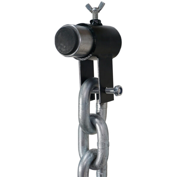 Close-up of a Barbell Chain Set with Olympic Collar (12kg - 60kg) connected to a black cylindrical fixture using a wing nut. A bolt secures the chain link to the fixture against a plain white background.