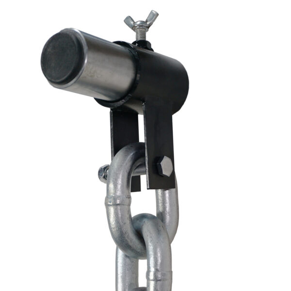 Close-up image of the Barbell Chain Set with Olympic Collar 12kg - 60kg, featuring a metallic chain connected to a cylindrical metal fitting and wingnut, secured to a sturdy bracket with a bolt against a plain white background.