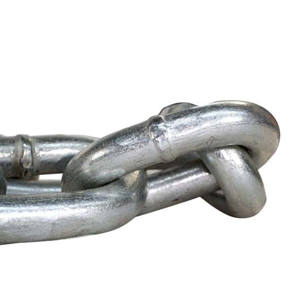 Close-up of the Barbell Chain Set with Olympic Collar (12kg-60kg). The thick, metallic links appear sturdy and shiny, interconnected with a smooth surface and slight reflections that suggest a polished finish. The plain background enhances the chains durable appearance.