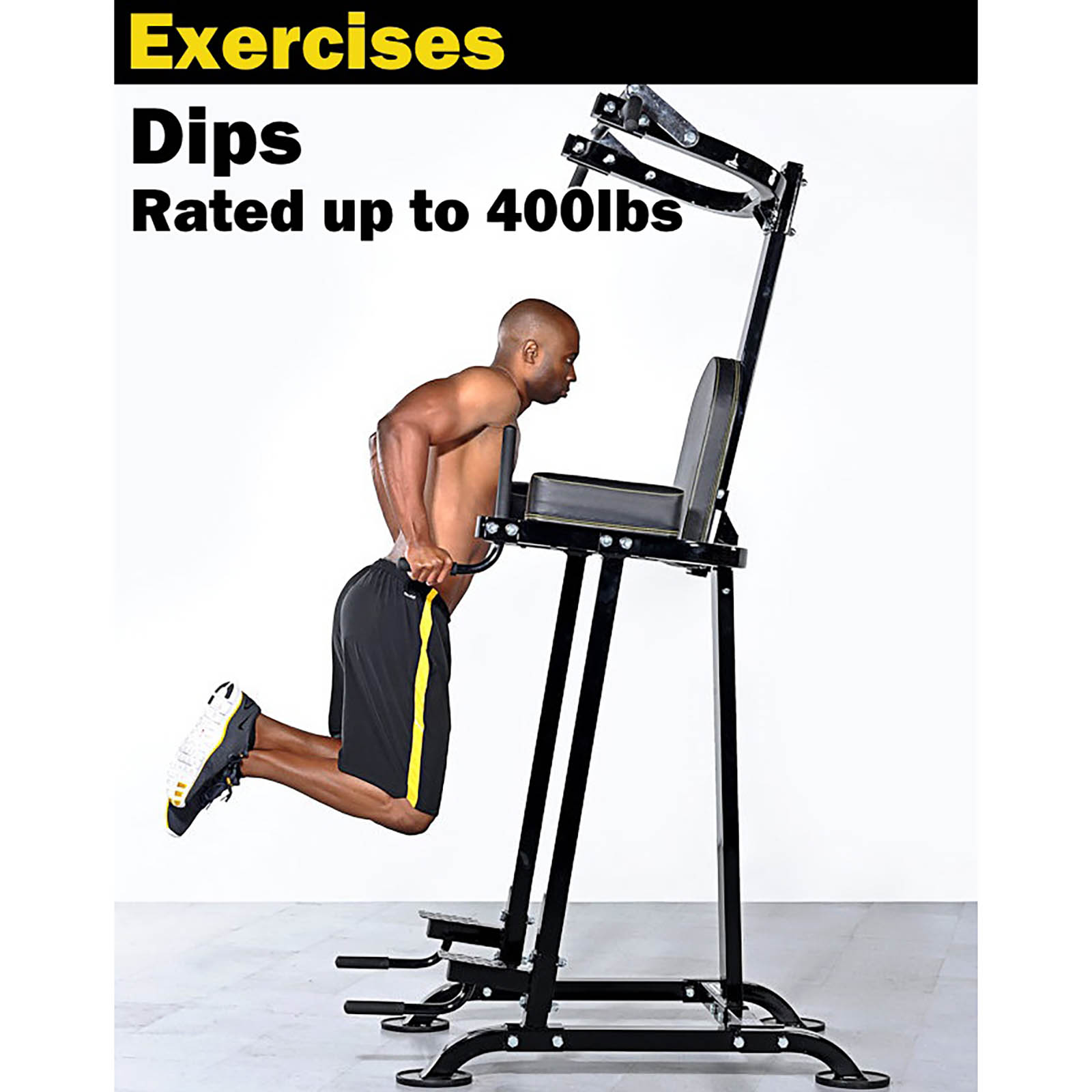 Man doing bodyweight dips on Powertec Basic Trainer