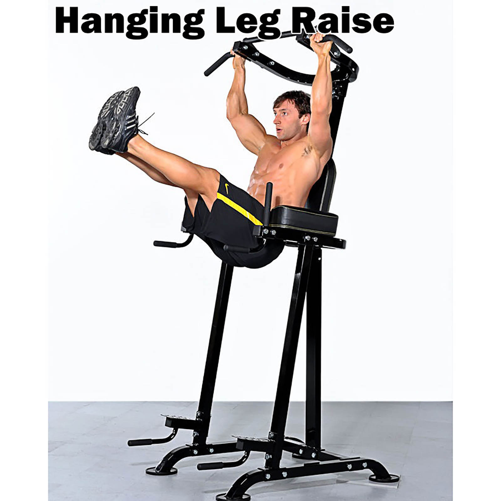 Man doing hanging leg raises on power tower