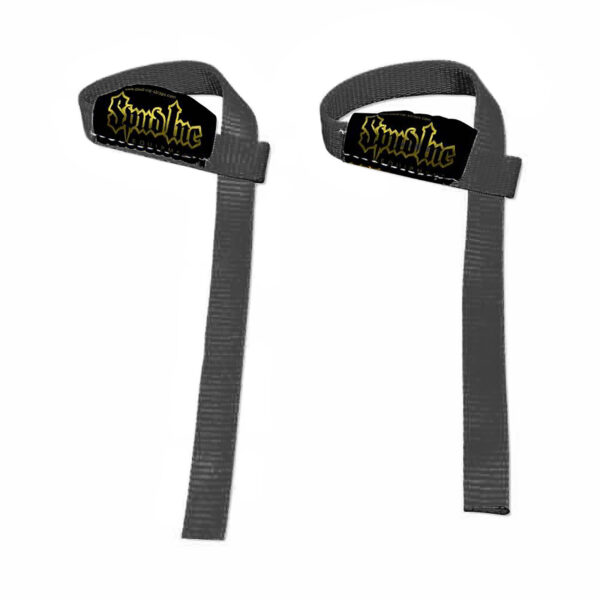 Spud 1 Wrist Straps in black, featuring yellow lettering on the loop and long, adjustable straps for a secure grip.