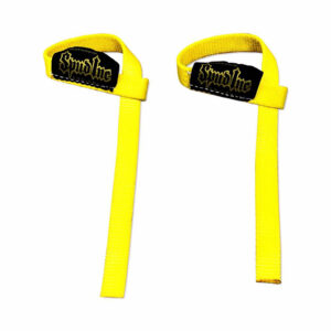 Spud 1 Wrist Straps: Yellow weightlifting straps with black patches and yellow text, designed as looped wrist supports for lifting exercises.