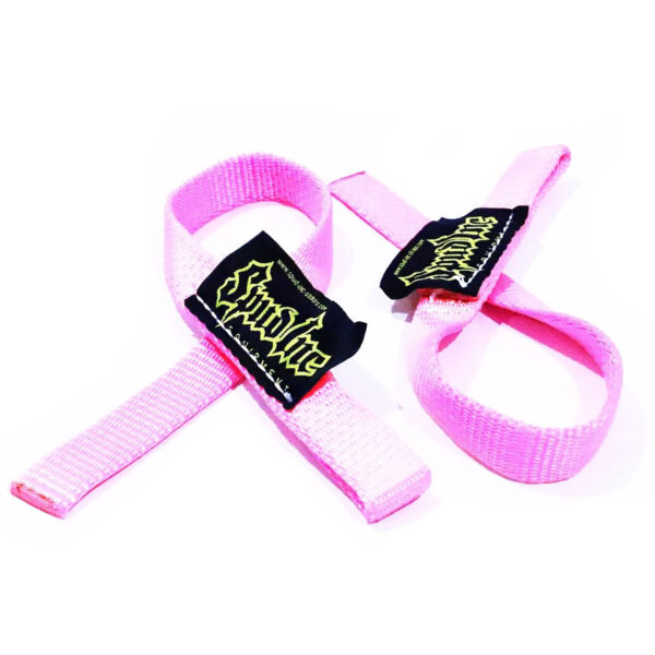 A pair of pink Spud 1 Wrist Straps with black labels and yellow text, shown on a white background. Made of durable material, these straps are crafted to enhance grip during weightlifting.