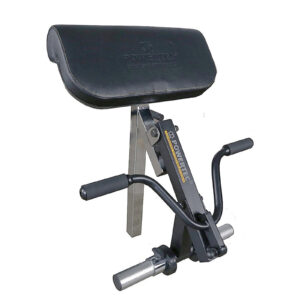The black arm curl bench, compatible with the Powertec Curl Machine Accessory, includes padded support and handlebar grips. This adjustable bench features a sturdy metal frame, designed for strength training exercises.
