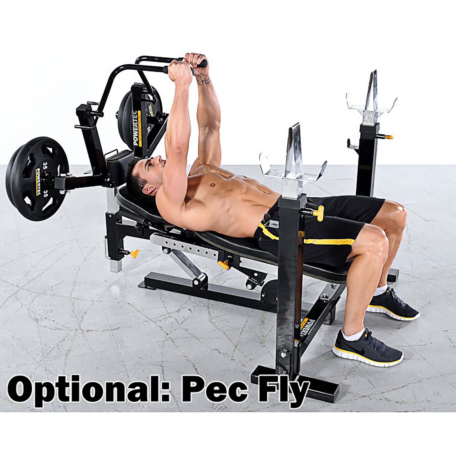 Man doing pec flys on the Powertec Olympic Bench Press