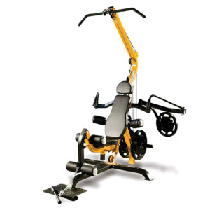 The Powertec Vertical Gym features a sleek black padded seat and backrest, a striking yellow frame, and various attachments for exercises like lat pulldowns and chest presses. It includes weight plates and pulleys for comprehensive resistance training.
