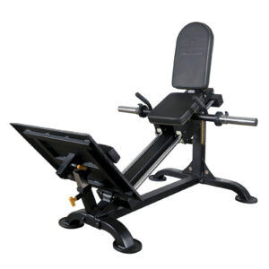 The Powertec Compact Leg Sled features a black seated calf raise machine design, complete with padded seat and backrest, an adjustable footplate, and handles on either side for support, ideal for lower leg exercises.