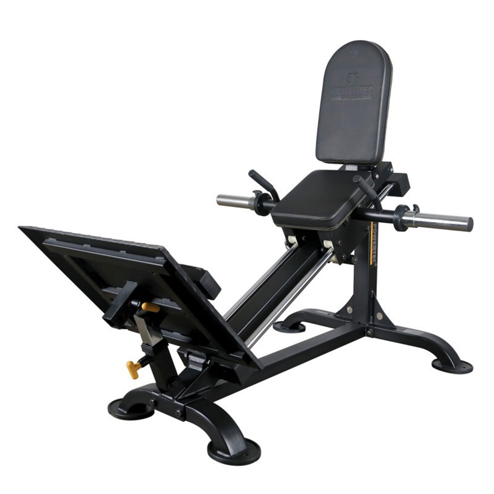 The Powertec Compact Leg Sled features a black seated calf raise machine design, complete with padded seat and backrest, an adjustable footplate, and handles on either side for support, ideal for lower leg exercises.