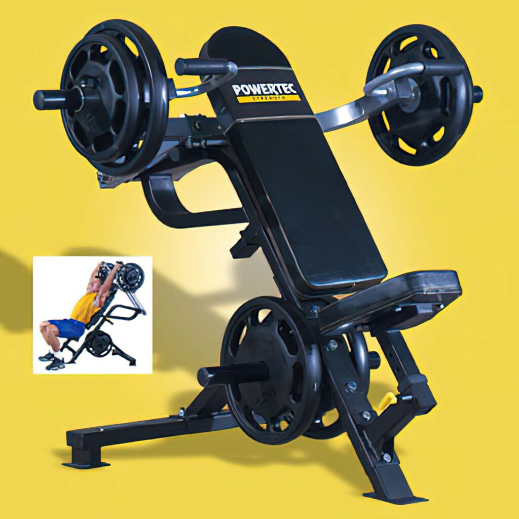 A black and yellow Powertec workout bench with weights is shown against a vibrant yellow backdrop. An inset image features a person demonstrating the Powertec Leverage Shoulder Press, underscoring its impressive functionality.