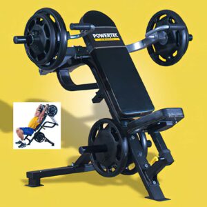 A black and yellow Powertec workout bench with weights is shown against a vibrant yellow backdrop. An inset image features a person demonstrating the Powertec Leverage Shoulder Press, underscoring its impressive functionality.