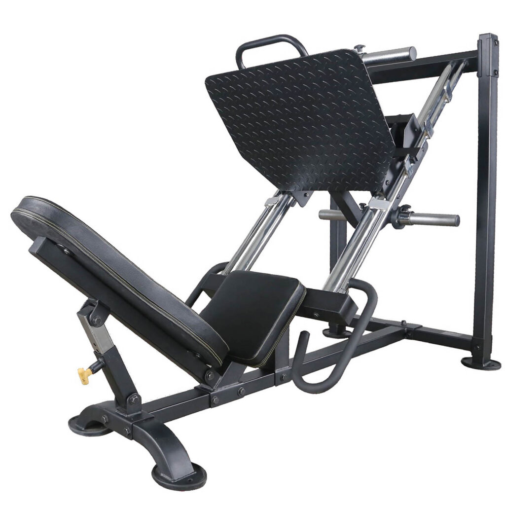 The Powertec Leg Press is a sleek, black machine featuring a padded seat, angled footplate, and sturdy metal frame. Designed for weight training and lower body exercises, it offers handles and adjustable features to enhance user comfort.