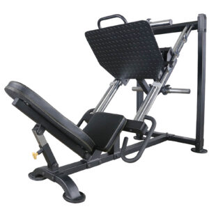 The Powertec Leg Press is a sleek, black machine featuring a padded seat, angled footplate, and sturdy metal frame. Designed for weight training and lower body exercises, it offers handles and adjustable features to enhance user comfort.