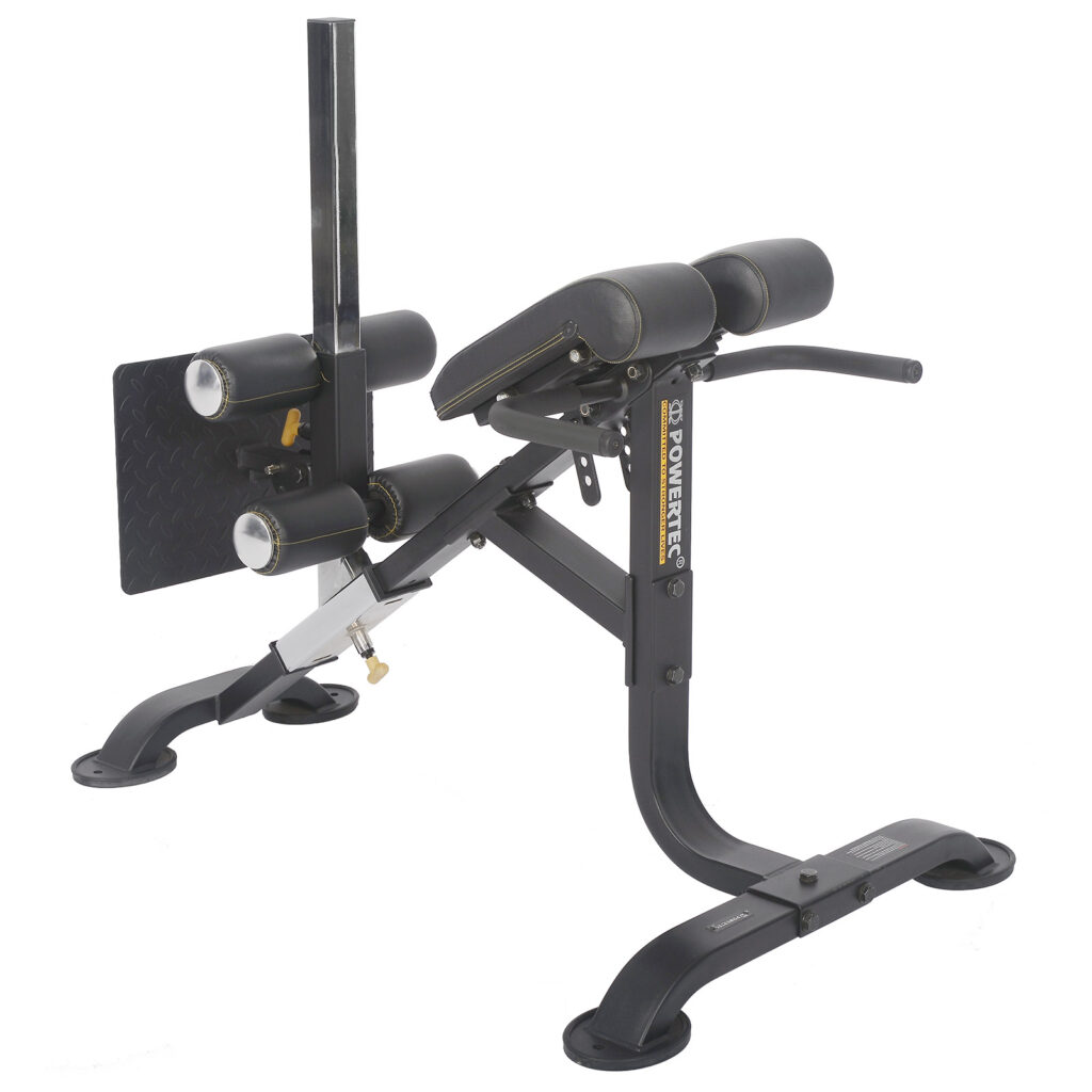 The Powertec Hyperextension is a sleek black bench designed for back and abdominal exercises, featuring padded rollers, a cushioned platform, and a sturdy steel frame for ultimate support and stability.