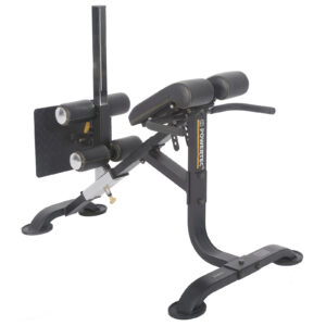 The Powertec Hyperextension is a sleek black bench designed for back and abdominal exercises, featuring padded rollers, a cushioned platform, and a sturdy steel frame for ultimate support and stability.