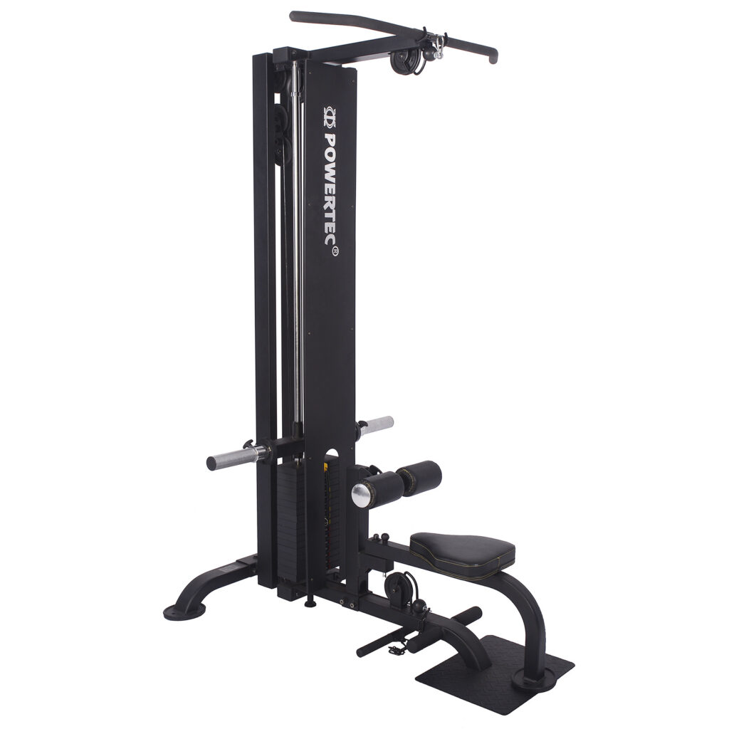 The black Powertec Lat Machine is crafted for diverse strength training exercises, equipped with a cable and pulley system, adjustable seat, and foot support. This sturdy and compact fitness machine is ideal for home gym use.