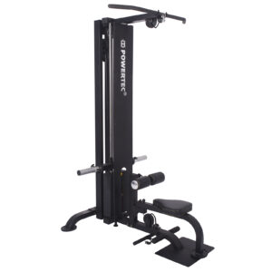 The black Powertec Lat Machine is crafted for diverse strength training exercises, equipped with a cable and pulley system, adjustable seat, and foot support. This sturdy and compact fitness machine is ideal for home gym use.