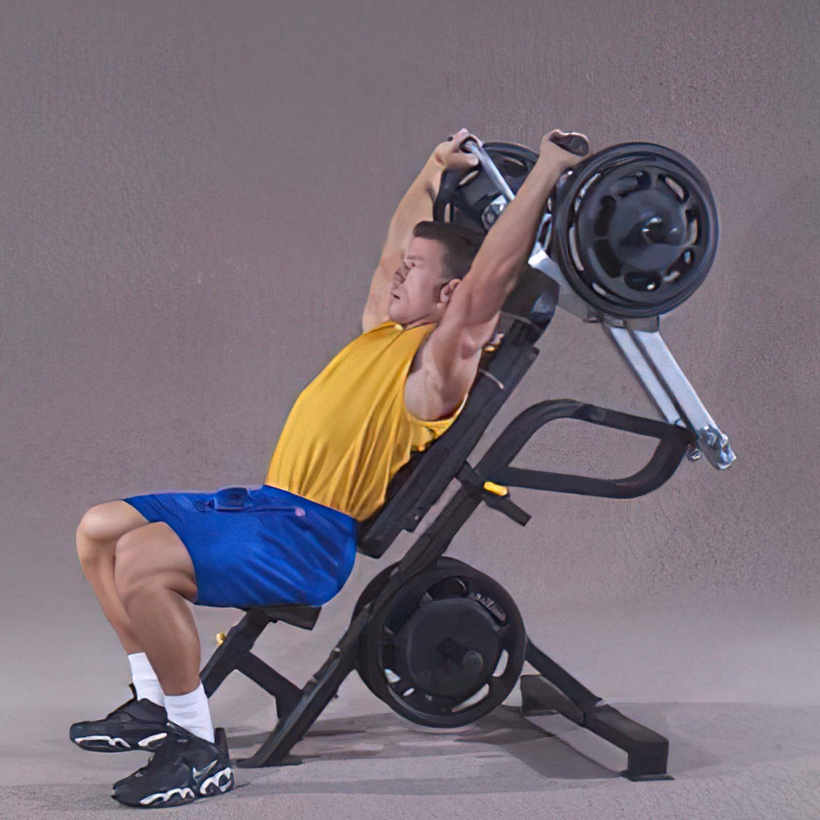 L-SP Powertec Leverage Shoulder Press with a man performing the exercise